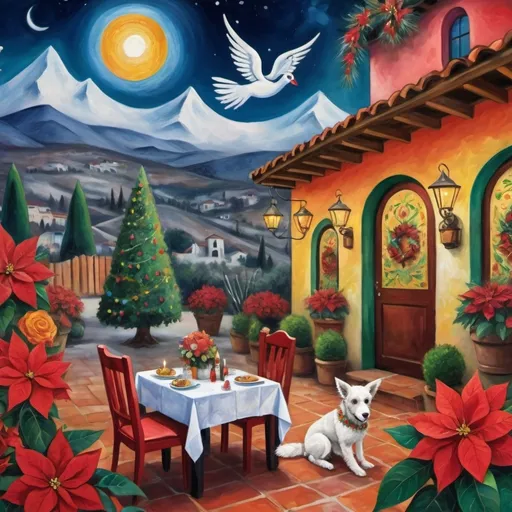 Prompt: (Chagall-inspired surreal scene), Christmas card, charming Mexican outdoor restaurant walls adorned with painted flowers, tile roof, lovers floating in the whimsical sky, graceful wings, fluffy dog, white burro with fancy hat, surrounded by vibrant flowers, virgin of Guadalupe, poinsettia, wreath, majestic avocado tree in front, enchanting magical , Christmas tree, Christmas lights, Mexican style, atmosphere, dreamy mountains in the background, swirly dark moonlight sky, (vivid colors), (4K, ultra-detailed), (cubist, whimsical).