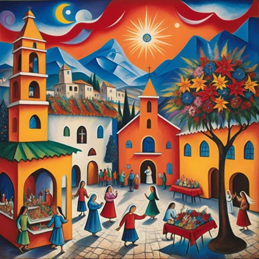 Prompt: (colorful surrealist expressionist painting), (Mark Chagall style), Christmas scene, Ajijic plaza with restaurants and shops, charming stone chapel, nativity scene, festive kiosk, vibrant flowers and poinsettias, Virgin of Guadalupe, whimsical sky with enchanting angels, bustling vendors, majestic mountains in the background, magical atmosphere, rich color tones, ultra-detailed, 4K quality.