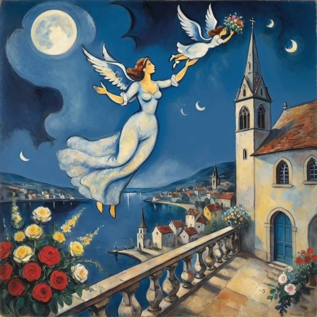 Prompt: Marc Chagall style  woman on balcony arms lifted upwards, reaching for male lover floating in moonlit sky, he offers her a bouquet of flowers, flowers, romantic, charming village with church, water below, wings, 

