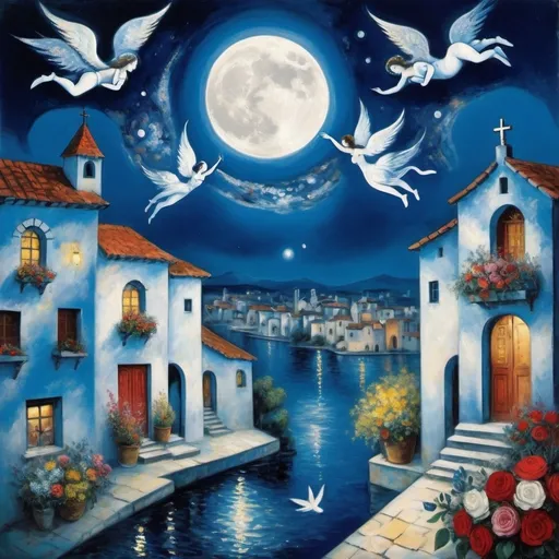 Prompt: (Chagall surrealist style), lovers floating above a Mexican village in the night sky, (milky moon), romantic balcony below serene water below, vibrant flowers surrounding, , delicate hands joined, male loves bends down to offer woman beautifully arranged bouquet, Winged cats and angels in sky whimsical and dreamy atmosphere, cool tones of blue and white, soft glowing lights, high detail, vibrant colors, enchanting night sky, infused with magic and love.