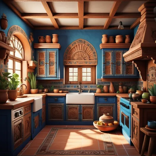 Prompt: (kitchen with Mexican carved cabinetry vintage), warm earthy tones, intricate detailing in woodwork,blue walls,  cozy atmosphere, authentic rustic decor, sunlight filtering through windows, inviting ambiance, vintage appliances, beautifully garnished with traditional ceramics, 4K ultra-detailed resolution, inviting and homey vibe, bit of greenery in corners, wall tiles with traditional patterns.