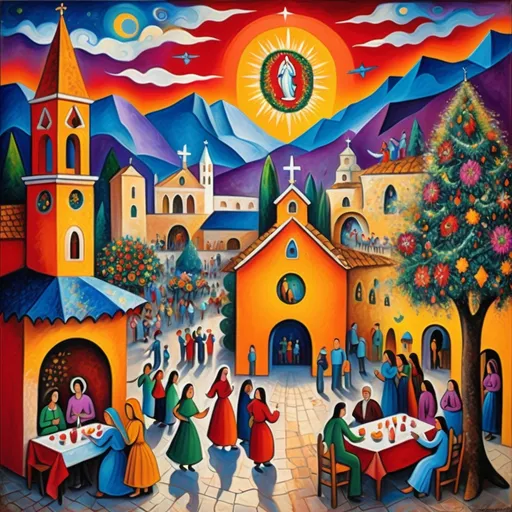 Prompt: (colorful surrealist expressionist painting), (Mark Chagall style), Christmas scene, Ajijic plaza with restaurants and shops, charming stone chapel, nativity scene, festive kiosk, vibrant flowers and poinsettias, Virgin of Guadalupe, whimsical sky with enchanting angels, bustling vendors, majestic mountains in the background, magical atmosphere, rich color tones, ultra-detailed, 4K quality.