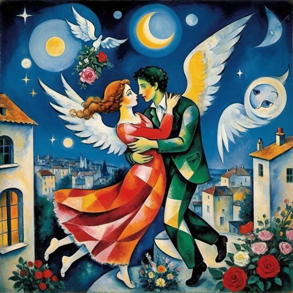 Prompt: Chagall playful 
cubism style. Lovers floating in moonlit, starlit sky. male offers female a bouquet ,wings of longing, ethereal angels, winged cats, harlequin, fiddler, balcony, soft colors

