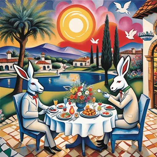 Prompt: Marc Chagall-inspired  Easter card, charming stone Mexican outdoor restaurant, white donkey with Easter bonnet , rabbit chef, beautiful large pool, lake in background, tables with umbrellas, palm and cypress 
trees with twinkling lights, evening sunset, dusk, flowers on the tables, walls adorned with painted flowers, tile roof, lovers floating in the whimsical sky, graceful wings, grass, surrounded by vibrant flowers pots around pool, enchanting magical, twinkling  lights, Mexican style, atmosphere, dreamy mountains in the background, swirly  sky,