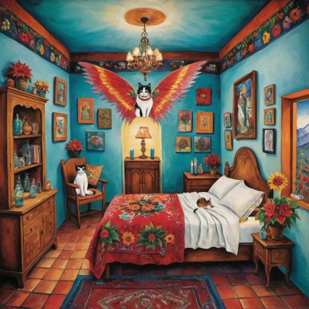 Prompt: (Marc Chagall painting cubist primitive 
surrealism style charming Mexican casita bedroom, Mexican Christmas, virgin of Guadalupe,  painted flowers, white walls, arched windows,, turquoise bedspread hearts, Tuxedo cat, Mexican textiles, whimsical ambiance, tile roof, turquoise armoire with painted flowers, glowing, delicate wings, bright flowers, playful cats, enchanting atmosphere, poinsettias, magical, sunflowers, lace curtains, harlequin  tuxedo cat, Freida Kahlo influences, guitar, angel, mountains, candles, cozy pillows, ultra-detailed, magical charm, artistic masterpiece.