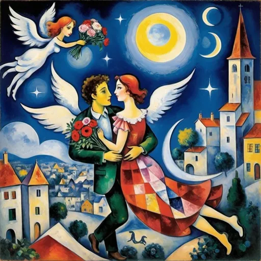 Prompt: Chagall playful 
cubism style. Lovers floating in moonlit, starlit sky. male offers female a bouquet ,wings of longing, ethereal angels, winged cats, harlequin, fiddler, balcony, soft colors, cool tomes


