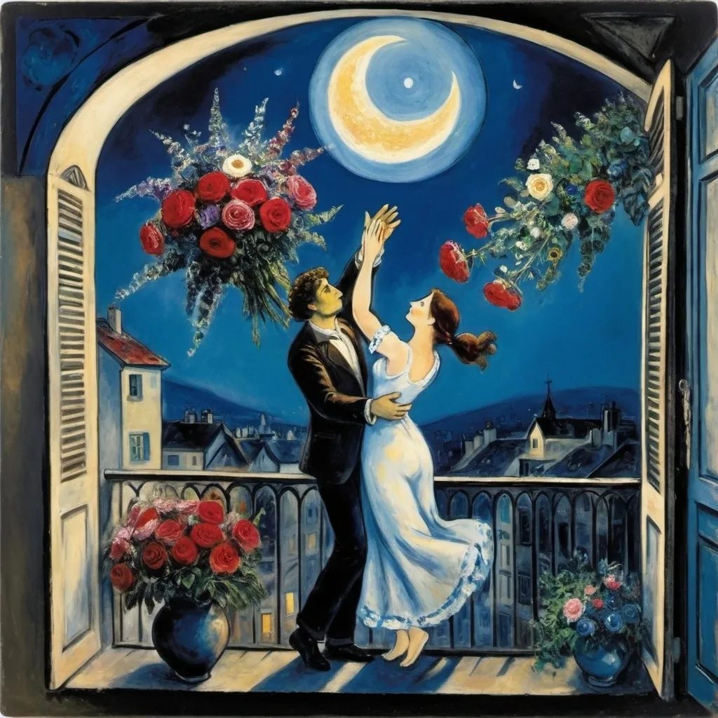 Prompt: Chagall style, night moonlit sky .woman at balcony, rising up, arms reaching to touch Male Lover in sky extending her a bouquet