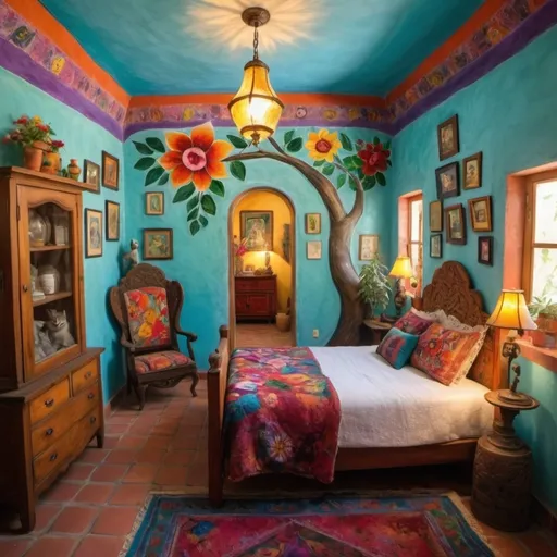 Prompt: (Marc Chagall inspired), (cubist surrealism), charming little Mexican casita bedroom, painted flowers on walls, arched windows, vivid colors, turquoise bedspread, Mexican textiles, whimsical ambiance, tile roof, turquoise floral armoire, , delicate wings, bright flowers, playful cats, large avocado tree, guitar, enchanting magical atmosphere, lace curtains, Freida Kahlo influences, angel, candle cozy pillows, ultra-detailed, magical charm, artistic masterpiece.