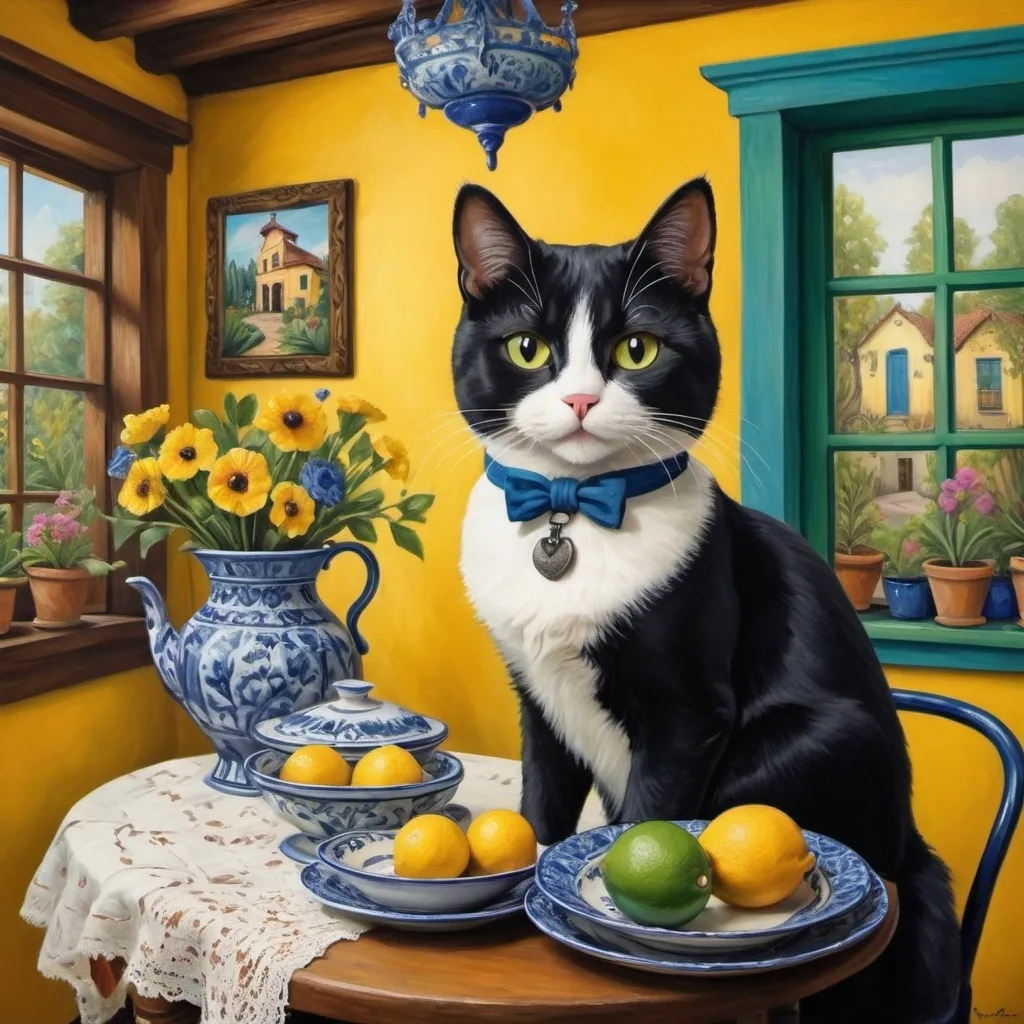 Prompt: Painting in romantic victorian style o

Charming Mexican casita interior, bright yellow kitchen walls,  blue and green, cabinets, art on wall ,
talavera, fluffy tuxedo cat, dishes,windows, lace curtains, flowers, black, round table with floral pattern, Freida Kahlo portrait, painting





