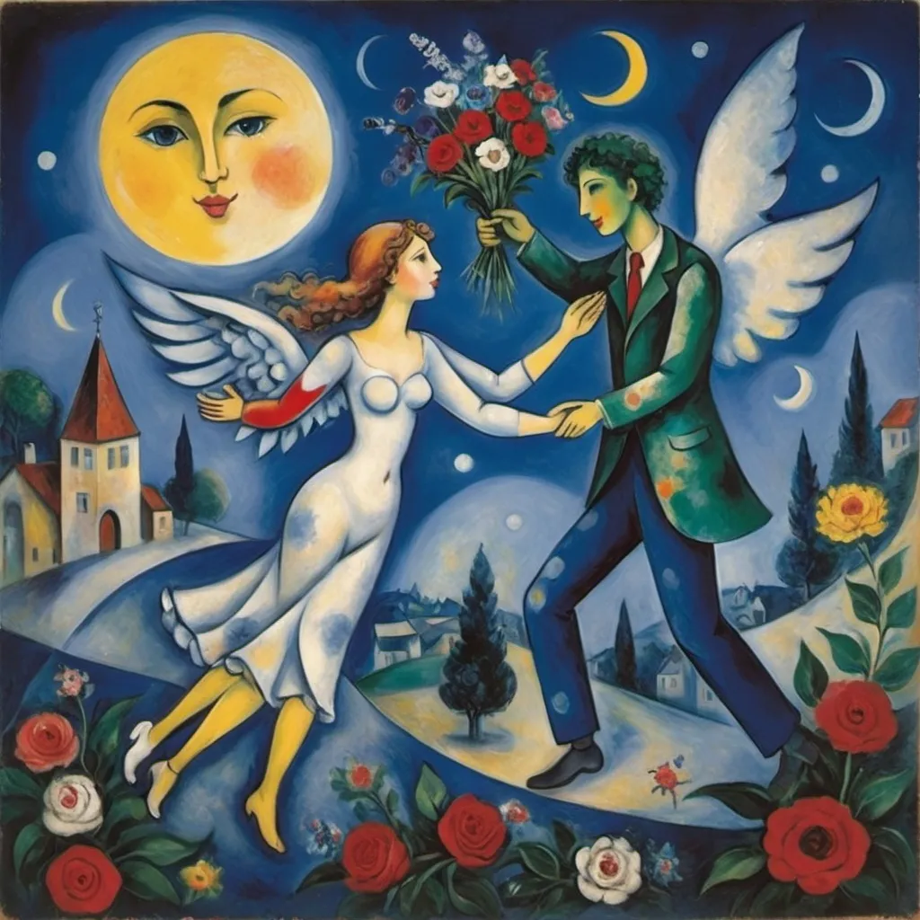 Prompt: Chagall playful 
cubism style. Lovers floating in moonlit, starlit sky. male offers female a bouquet ,wings of longing, ethereal angels, winged cats, harlequin, fiddler

