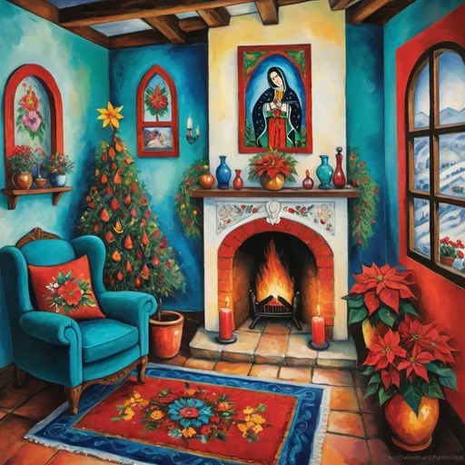 Prompt: Marc Chagall style (Painting of Mexican Casita interior), Christmas card, small quaint cozy cottage living room, (chimney fireplace with fire), beautiful flowers, lace curtains, Talavera, angels , turquoise, arched windows, tuxedo cat, white sofa with colorful pillows, flower-patterned armchair, Talavera ceramics, virgen of Guadalupe, Christmas tree, wreath, candles, poinsettias, light filtering in, birds nearby, (surrealist whimsical expressionist painting style), inspired by Frida Kahlo and Marc Chagall, vibrant colors, detailed textures, (4K ultra-detailed ambience), cozy and eclectic atmosphere.