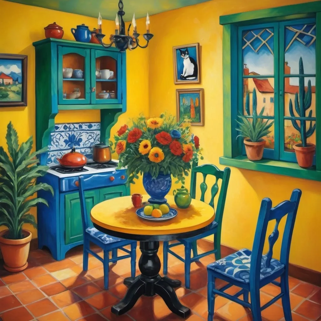 Prompt:  Painting in playful, expressionist, cubist 
surrealist style, Chagall
 inspired), little 
Mexican kitchen, yellow walls, blue and green cabinets, harlequin 
sunny, plants, quaint, happy bright 
whimsical flowers, black with flowers round table with chairs, stove, Frieda Kahlo , sunny
delicate lace curtains,tuxedo cat, magical ambiance, rich textures, expressive colors, ethereal lighting, dreamy atmosphere, high quality, ultra-detailed, captivating composition.rustic, talavera
