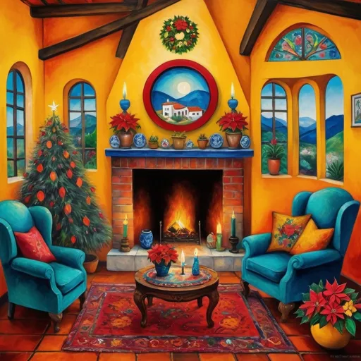 Prompt: Marc Chagall style (Painting of Mexican Casita interior), Christmas card, small quaint cozy cottage living room, (chimney fireplace with fire), beautiful flowers, lace curtains, Talavera, turquoise, arched windows, tuxedo cat, white sofa with colorful pillows, flower-patterned armchair, Talavera ceramics, virgen of Guadalupe sunshine, Christmas tree, wreath, candles, poinsettias, filtering in, birds nearby, (surrealist whimsical expressionist painting style), inspired by Frida Kahlo and Marc Chagall, vibrant colors, detailed textures, (4K ultra-detailed ambience), cozy and eclectic atmosphere.