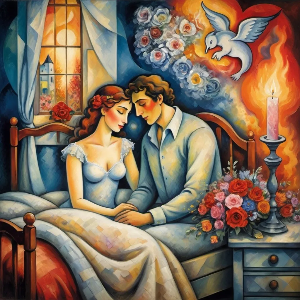 Prompt: (candles burning side-by-side), man and woman lovers in bed, fire, wedding bouquet, cubist style), Marc Chagall influence, intricately detailed dresser, soft dim lighting, flickering flames casting shadows, ethereal flowers intertwined with smoke, whimsical atmosphere, romantic and dreamlike ambiance, high-quality depth, ultra-detailed composition, enchanting color palette, tranquil yet captivating scene. Magical and enchanted.