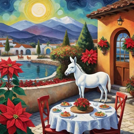 Prompt: (Marc Chagall-inspired surreal scene, primitive, Christmas card, charming stone Mexican outdoor restaurant, white donkey wearing festive hat, beautiful large pool, lake in background, tables with umbrellas, flowers on the tables, Christmas time, sign that says YVES, walls adorned with painted flowers, tile roof, lovers floating in the whimsical sky, graceful wings, grass, surrounded by vibrant flowers, , poinsettia, wreath, majestic avocado tree in front, enchanting magical, twinkling Christmas lights, Mexican style, atmosphere, dreamy mountains in the background, swirly   sky, (vivid colors), (4K, ultra-detailed), (cubist, whimsical).