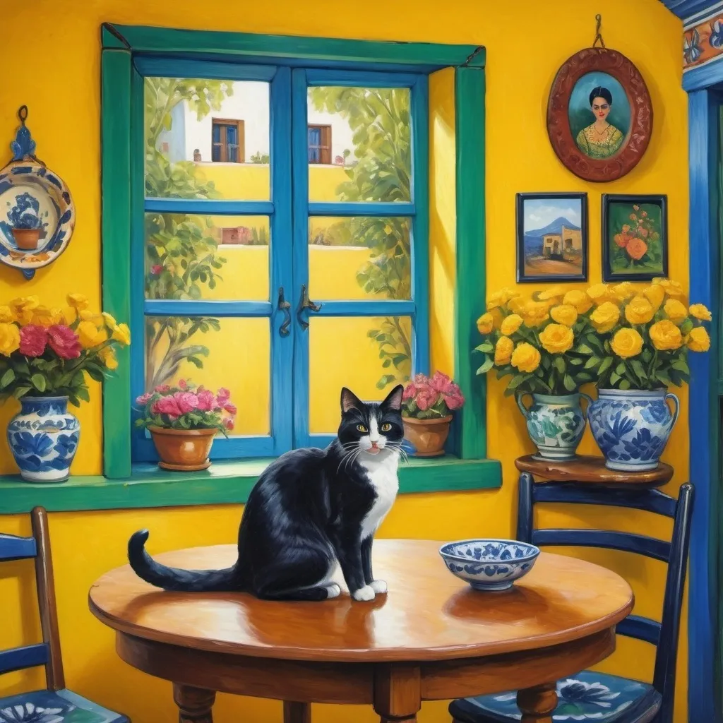 Prompt: Painting in style of Impressionism

Charming Mexican casita interior, bright yellow kitchen walls,  blue and green, cabinets, art on wall ,
talavera, fluffy tuxedo cat, dishes,windows, lace curtains, flowers, black, round table with floral pattern, Freida Kahlo portrait, painting





