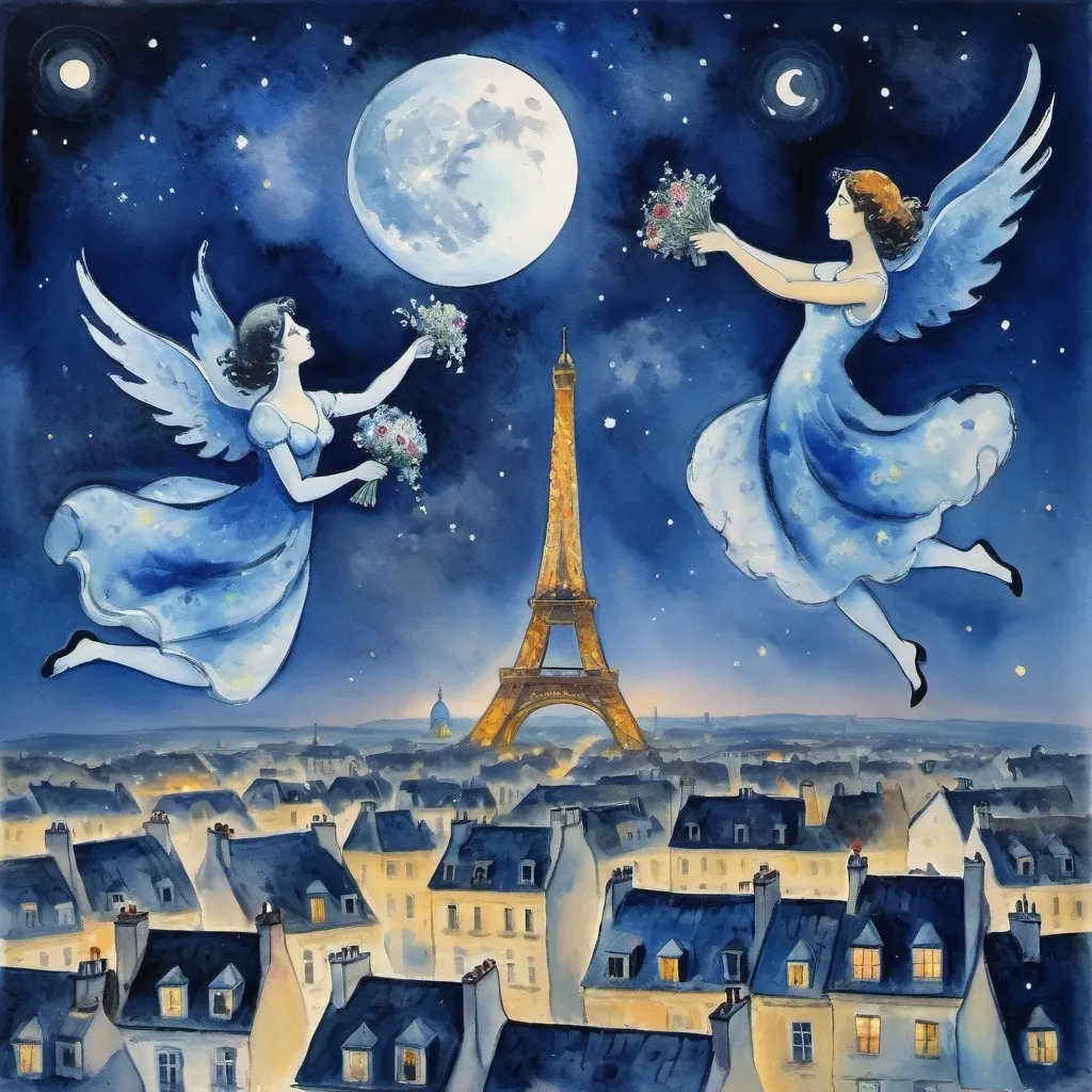 Prompt: (Watercolor Painting in playful primitive surrealist 
Marc Chagall style), 2 lovers float in soft starry night sky above Paris with beautiful floral bouquet, playful milky moon, rmisty 
omantic scene,  balcony below, male offers woman beautifully arranged bouquet, flowers 
whimsical and dreamy atmosphere,  cool tones of blue and white, soft glowing lights,impressionistic, soft colors, swirly enchanting night sky, infused with magic and love. Winged cats, angels
