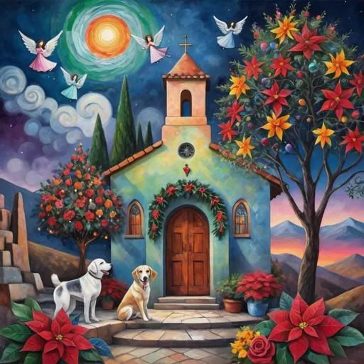 Prompt: (Chagall-inspired surreal scene), Christmas card, charming Mexican stone chapel, walls adorned with painted flowers, tile roof, lovers floating in the whimsical sky, graceful wings, fluffy dog, surrounded by vibrant flowers, virgin of Guadalupe, poinsettia, wreath, majestic avocado tree in front, enchanting magical , Christmas tree, Christmas lights, Mexican style, atmosphere, dreamy mountains in the background, swirly dark moonlight sky, (vivid colors), (4K, ultra-detailed), (cubist, whimsical).