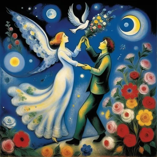 Prompt: Chagall ethereal style. Lovers floating in moonlit, starlit sky. male offers female a bouquet wings of longing, ethereal, dreamy, romantic, flowers, love


