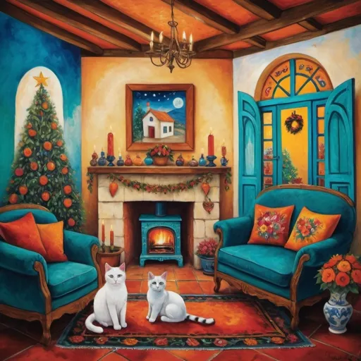 Prompt: Marc Chagall style Painting of Mexican Casita cottage interior, Christmas card, small quaint cozy living room, (chimney fireplace with fire, beautiful flowers, lace curtains, Talavera, angels, cross, turquoise, arched windows, tuxedo cat, orange cat, sofa with colorful pillows, flower-patterned armchair, Talavera ceramic of Guadalupe, Christmas tree, wreath, candles, poinsettias, starry night sky, sunflower
, birds nearby, (surrealist whimsical expressionist painting style, Frida Kahlo and Marc Chagall, vibrant colors, detailed textures, (4K ultra-detailed ambience), cozy and eclectic atmosphere.s,