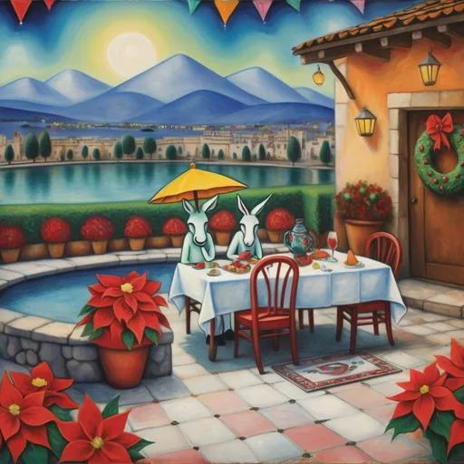 Prompt: (Marc Chagall-inspired surreal scene, primitive, Christmas card, charming stone Mexican outdoor restaurant, white donkey wearing festive hat, beautiful large pool, lake in background, tables with umbrellas, flowers on the tables, Christmas time, sign that says YVES, walls adorned with painted flowers, tile roof, lovers floating in the whimsical sky, graceful wings, grass, surrounded by vibrant flowers, , poinsettia, wreath, majestic avocado tree in front, enchanting magical, twinkling Christmas lights, Mexican style, atmosphere, dreamy mountains in the background, swirly   sky, (vivid colors), (4K, ultra-detailed), (cubist, whimsical).