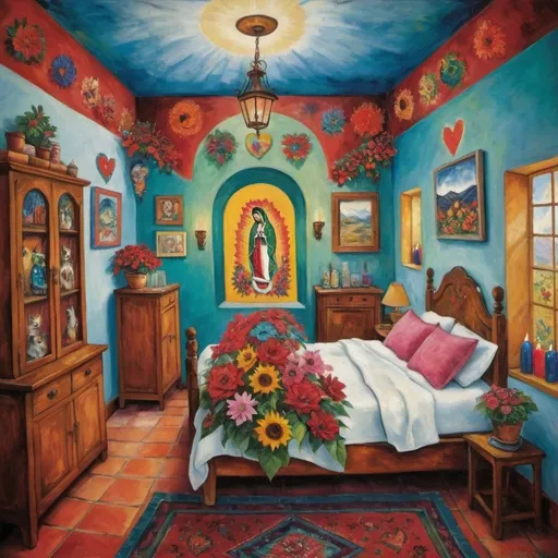 Prompt: (Marc Chagall painting cubist primitive 
surrealism style charming Mexican casita bedroom, Mexican Christmas, tin Christmas tree, lights,virgin of Guadalupe,  painted flowers, white walls, arched windows,, turquoise bedspread hearts, Tuxedo cat, Mexican textiles, whimsical ambiance, tile roof, turquoise armoire with painted flowers, glowing, candles,delicate pink wings, bright flowers, playful cats, enchanting atmosphere, poinsettias, magical, sunflowers, lace curtains, harlequin  tuxedo cat, Freida Kahlo influences, guitar, angel, mountains, candles, cozy pillows, ultra-detailed, magical charm, artistic masterpiece.