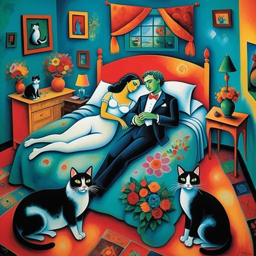 Prompt: (Marc Chagall style painting) man and woman couple lounging in bed with 3 tuxedo cats , playfully resting, (turquoise bedspread) adorned with (vibrant flowers), warm ambient lighting, soft colorful Mexican style Casita bedroom, whimsical elements reflecting love and comfort, intricate patterns on walls, serene atmosphere, ultra-detailed, cinematic masterpiece, expressive brush strokes capturing emotion and harmony, dreamlike quality.