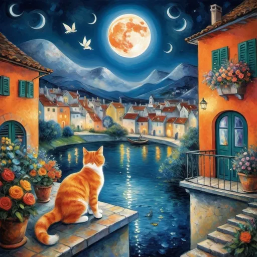 Prompt: (Chagall style), whimsical lovers, (floating) in the night sky, (milky moon illuminating), vibrant flowers on the balcony, picturesque village below, tranquil water reflecting moonlight, dreamlike atmosphere, (rich colors), soft and luminous lighting, (fantasy), enchanting, serene mood, ultra-detailed, masterpiece quality, surreal elements blending reality and fantasy. Wings. Tuxedo cat orange cat 