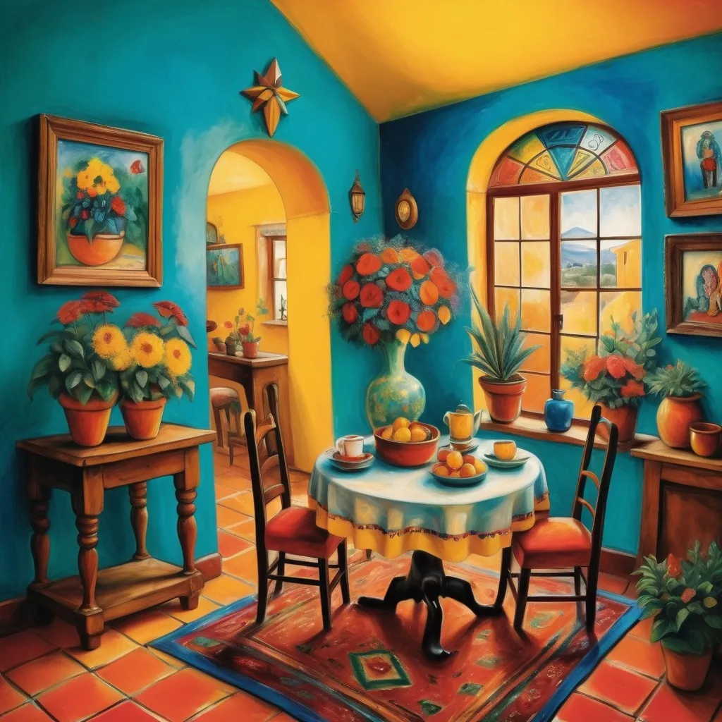 Prompt: Marc Chagall style painting of charming, traditional small, cozy, yellow walls, turquoise, colorful, artsy boho chic, Spanish Colonial style Mexican Casita), charming interior, Christmas decor, poinsettas, 
 cozy sitting room,  tuxedo cats,combined kitchen and dining room, (brick ceilings), (terra-cotta floors), Frieda Kahlo, 
colorful decor, inviting ambiance, well-structured layout, (cozy and homely atmosphere), high-quality design, lace curtains sunlight streaming in, enhancing architectural features. Tile roof. Arched windows.