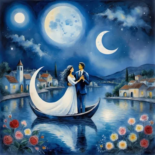 Prompt: (Painting in playful and primitive Chagall surrealist style), a couple, lovers floating in night sky above Ajijic village (milky moon, watercolor romantic scene, serene water below, vibrant flowers , male offers woman beautifully arranged bouquet, whimsical and dreamy atmosphere, cool tones of blue and white, soft glowing lights,impressionistic, soft colors, swirly enchanting night sky, infused with magic and love.