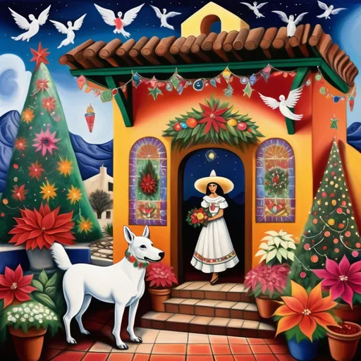 Prompt: (Chagall-inspired surreal scene), Christmas card, charming Mexican outdoor restaurant walls adorned with painted flowers, tile roof, lovers floating in the whimsical sky, graceful wings, fluffy dog, white burro with fancy hat, surrounded by vibrant flowers, virgin of Guadalupe, poinsettia, wreath, majestic avocado tree in front, enchanting magical , Christmas tree, Christmas lights, Mexican style, atmosphere, dreamy mountains in the background, swirly dark moonlight sky, (vivid colors), (4K, ultra-detailed), (cubist, whimsical).