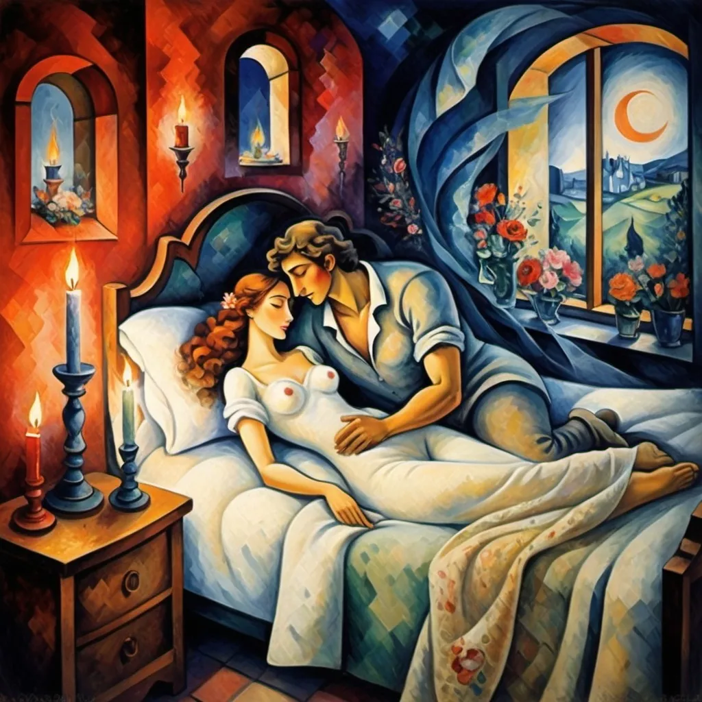 Prompt: (candles burning side-by-side), man and woman lovers in bed, fire, wedding bouquet, cubist style), Marc Chagall influence, intricately detailed dresser, soft dim lighting, flickering flames casting shadows, ethereal flowers intertwined with smoke, whimsical atmosphere, romantic and dreamlike ambiance, high-quality depth, ultra-detailed composition, enchanting color palette, tranquil yet captivating scene. Magical and enchanted.