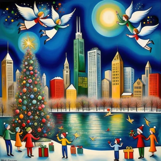 Prompt: (Mark Chagall style whimsical Christmas scene expressionist painting) of downtown Chicago skyline, surreal) landscape featuring Lake Michigan, (John Hancock Building), stores artfully decorated for Christmas, adorned with colorful Christmas trees, serene angels in the sky,  festive cool, colors, dynamic brushstrokes creating a joyful atmosphere, ultra-detailed, enchanting holiday spirit, embracing a sense of wonder and whimsy.