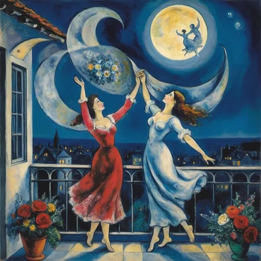 Prompt: Chagall style, night moonlit sky woman at balcony with arms outstretched. Male Lover in sky extending her a bouquet