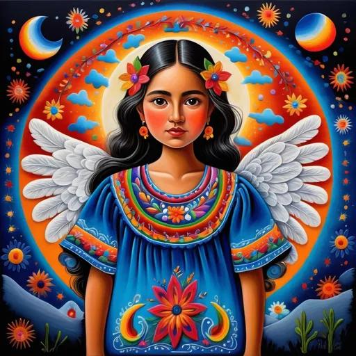 Prompt: (Artistic style: folk art), painting of (Mexican angel) wearing a Guatamalan embroidered shirt,
 vibrant colors, swirling night sky, ethereal blue clouds, large luminous moon, dynamic movement, whimsical patterns, intricate details, high contrast, enchanting atmosphere, ultra-detailed, rich textures, captivating and lively scene, celebrating culture and artistry.