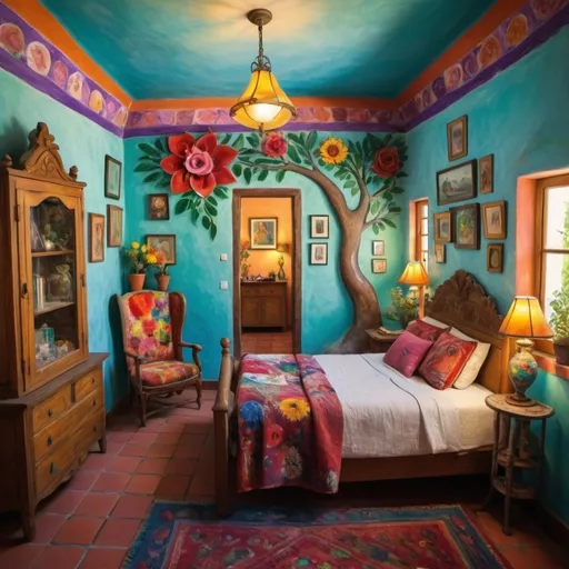 Prompt: (Marc Chagall inspired), (cubist surrealism), charming Mexican casita bedroom, painted flowers on walls, vivid colors, whimsical ambiance, tile roof, turquoise floral armoire, lovers soaring through the sky, delicate wings, bright flowers, playful cats, large avocado tree, enchanting atmosphere, Freida Kahlo influences, cozy pillows, ultra-detailed, magical charm, artistic masterpiece.