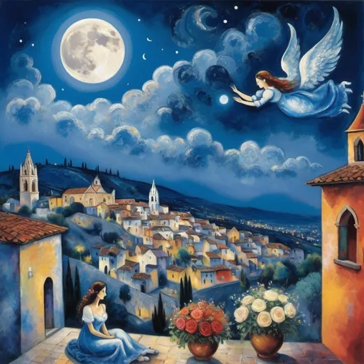 Prompt: (Chagall surrealist style), lovers floating in sky above San Miguel de Allende in the night sky, (milky moon over village), romantic balcony scene, cathedral vibrant flowers surrounding, heartfelt embrace, delicate hands joined, male loves bends down to offer woman beautifully arranged bouquet, whimsical and dreamy atmosphere, cool tones of blue and white, soft glowing lights, high detail, vibrant colors, enchanting night sky, infused with magic and love. Cats and angels in sky