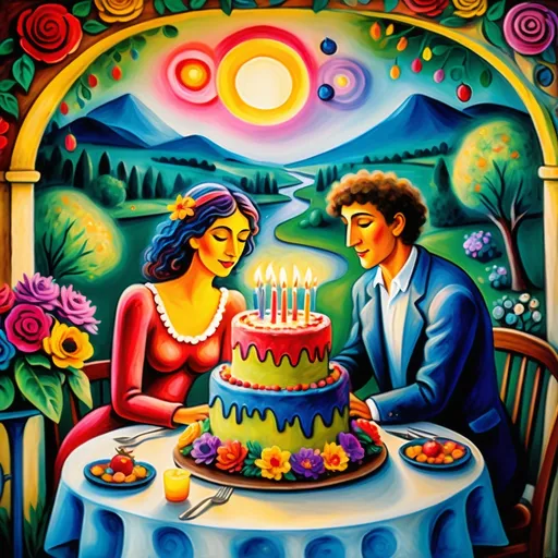 Prompt: (Marc Chagall style) whimsical birthday cake with candles, vibrant outdoor dining table exuding (Mexican flair), expressive happy young couple in love e sitting closely, surrounded by colorful flowers and lush trees, serene pond nearby, invoking primitive and surreal atmosphere, Magical sky with angels above high depth colors, dreamlike ambiance, (ultra-detailed) expressionist elements, playful perspective, (rich textures), enchanting celebration scene.