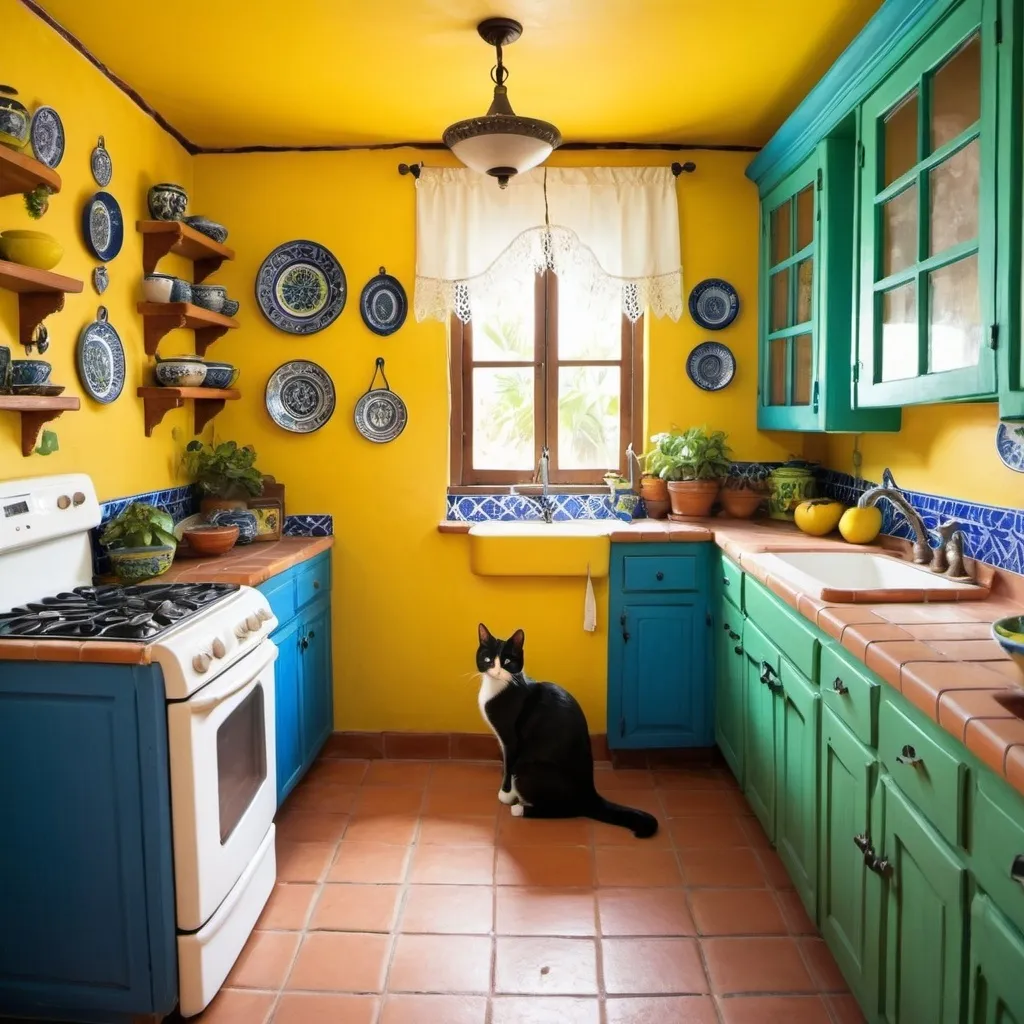 Prompt: Charming Mexican casita interior, bright yellow kitchen walls, cabinets blue and green, talavera, tuxedo cat, dishes,windows, lace curtains



