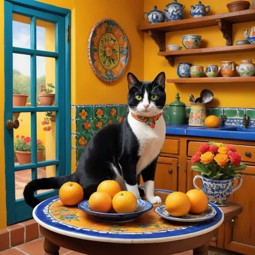 Prompt: (charming Mexican casita kitchen), bright yellow walls, traditional blue and green cupboards, colorful flowers, decorative Talavera tiles, two adorable cats (furry tuxedo cat and an orange cat), charming lace curtains, cozy round table with floral pattern, freida kahlo, warm ambiance, ultra-detailed, inviting atmosphere, lively and cheerful setting, perfect for a kitchen scene, 4K quality.Romantic Mexican painting