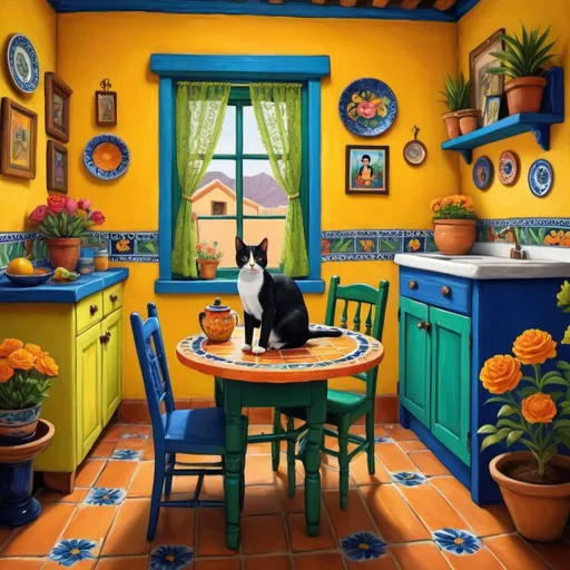 Prompt: Primitive style painting of Mexican casita kitchen), vibrant bright yellow walls, (traditional blue and green cupboards), colorful flowers, (decorative Talavera tiles), two adorable cats (furry tuxedo cat and an orange cat), (delicate lace curtains), cozy round table with a floral pattern, Frida Kahlo's, warm and cheerful ambiance, (ultra-detailed), reminiscent of a serene Mexican home.