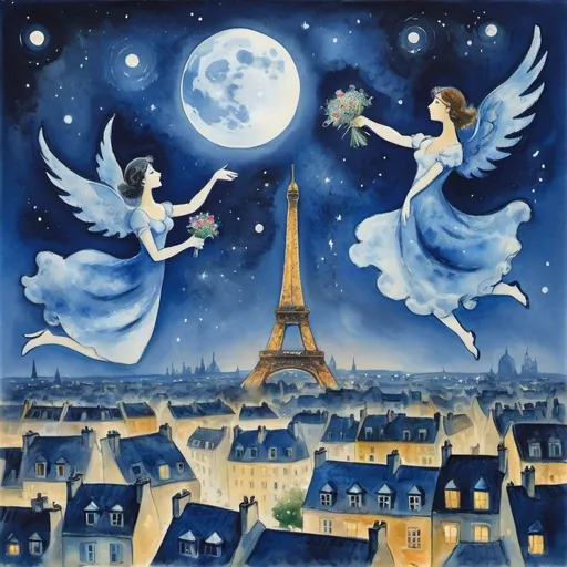 Prompt: (Watercolor Painting in playful primitive surrealist 
Marc Chagall style), 2 lovers float in soft starry night sky above Paris with beautiful floral bouquet, playful milky moon, rmisty 
omantic scene,  balcony below, male offers woman beautifully arranged bouquet, flowers 
whimsical and dreamy atmosphere,  cool tones of blue and white, soft glowing lights,impressionistic, soft colors, swirly enchanting night sky, infused with magic and love. Winged cats, angels
