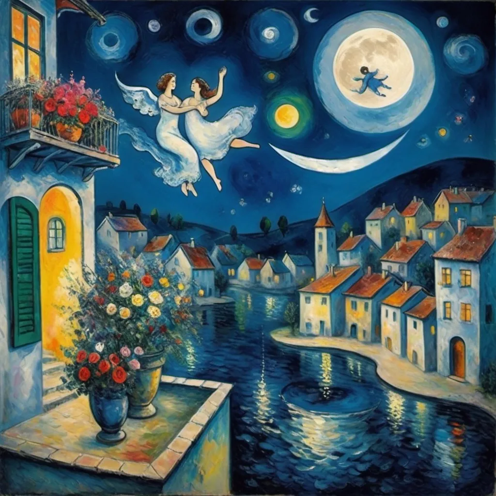 Prompt: Chagall style. Lovers floating in the night, milky moon sky. Balcony, village water, flowers
