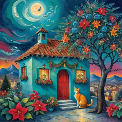 Prompt: (Chagall-inspired surreal scene), Christmas card, charming turquoise Mexican casita, walls adorned with painted flowers, tile roof, lovers floating in the whimsical sky, graceful wings, surrounded by vibrant flowers, playful cats, poinsettia, wreath, majestic avocado tree in front, enchanting magical , Christmas tree, Christmas lights, Mexican style, atmosphere, dreamy mountains in the background, swirly dark moonlight sky, (vivid colors), (4K, ultra-detailed), (cubist, whimsical).