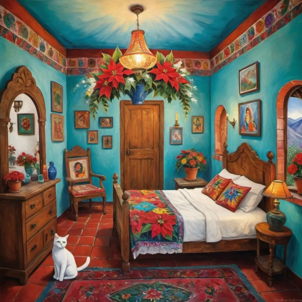 Prompt: (Marc Chagall painting (cubist primitive 
surrealism style), charming Mexican casita bedroom, Christmas, virgin of Guadalupe,  painted flowers on white walls, arched windows,, turquoise bedspread, Mexican textiles, whimsical ambiance, tile roof, turquoise floral stenciled armoire, glowing, delicate wings, bright flowers, playful cats, large avocado tree, enchanting atmosphere, poinsettias, magical, sunflowers, lace curtains, harlequin  tuxedo cat, Freida Kahlo influences, guitar, angel, mountains, candles, cozy pillows, ultra-detailed, magical charm, artistic masterpiece.