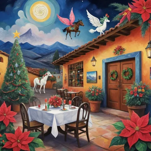 Prompt: (Chagall-inspired surreal scene), Christmas card, charming Mexican outdoor restaurant walls adorned with painted flowers, tile roof, lovers floating in the whimsical sky, graceful wings, fluffy dog, white burro with fancy hat, surrounded by vibrant flowers, virgin of Guadalupe, poinsettia, wreath, majestic avocado tree in front, enchanting magical , Christmas tree, Christmas lights, Mexican style, atmosphere, dreamy mountains in the background, swirly dark moonlight sky, (vivid colors), (4K, ultra-detailed), (cubist, whimsical).