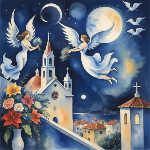 Prompt: (Watercolor Painting in playful primitive surrealist 
Marc Chagall cubist 
style), 2 lovers float in soft moonlit sky above  Puerto Vallarta with beautiful floral bouquet, playful milky moon, misty 
romantic scene,  harlequin, balcony below, male offers woman beautifully arranged bouquet, flowers . fiddler in sky
whimsical and dreamy atmosphere,  cool tones of blue and white, soft glowing lights,impressionistic, soft colors, swirly enchanting night sky, infused with magic and love. Winged cats, angels, Christmas, navidad ,poinsettas, Virgen of Guadeloupe church with crown steeple
