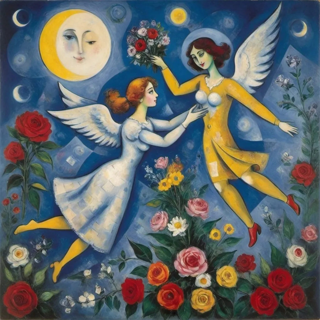 Prompt: Chagall playful 
cubism style. Lovers floating in moonlit, starlit sky. male offers female a bouquet ,wings of longing, ethereal angels, winged cats, harlequin, fiddler

