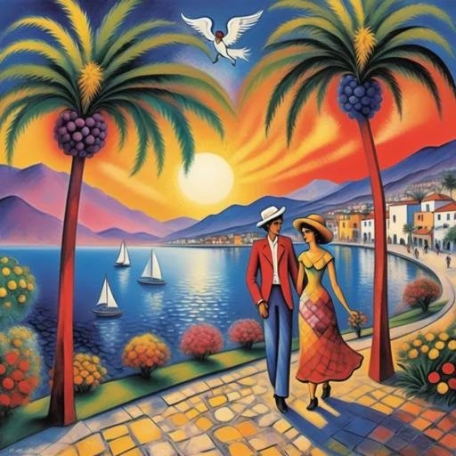 Prompt: (birthday card), (Marc Chagall style, surrealist , expressionistic, primitive, cubist influence, Harlequin, two lovers in casual clothing strolling the malecón, Ajijic, Mexico, Lake Chapala, beautiful sunset, flowering tabuchin trees, palm trees, whimsical ambiance, magical atmosphere, vibrant colors, artistic fantasy, angels in sky,dramatic lighting, intricate floral details, dreamy sky, 4K, ultra-detailed illustration.