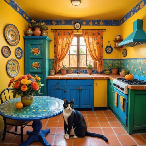 Prompt: van gogh style 
(charming Mexican casita kitchen), bright yellow walls, traditional blue and green cupboards, colorful flowers, decorative Talavera tiles, two adorable cats (furry tuxedo cat and an orange cat), charming lace curtains, cozy round table with floral pattern, freida kahlo, 